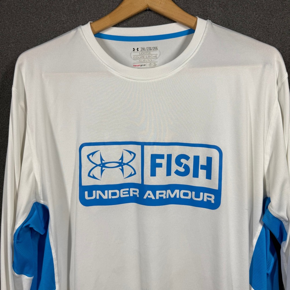 Under Armour Performance Mens Fishing Shirt 2XL White Blue Long Sleeve Outdoor